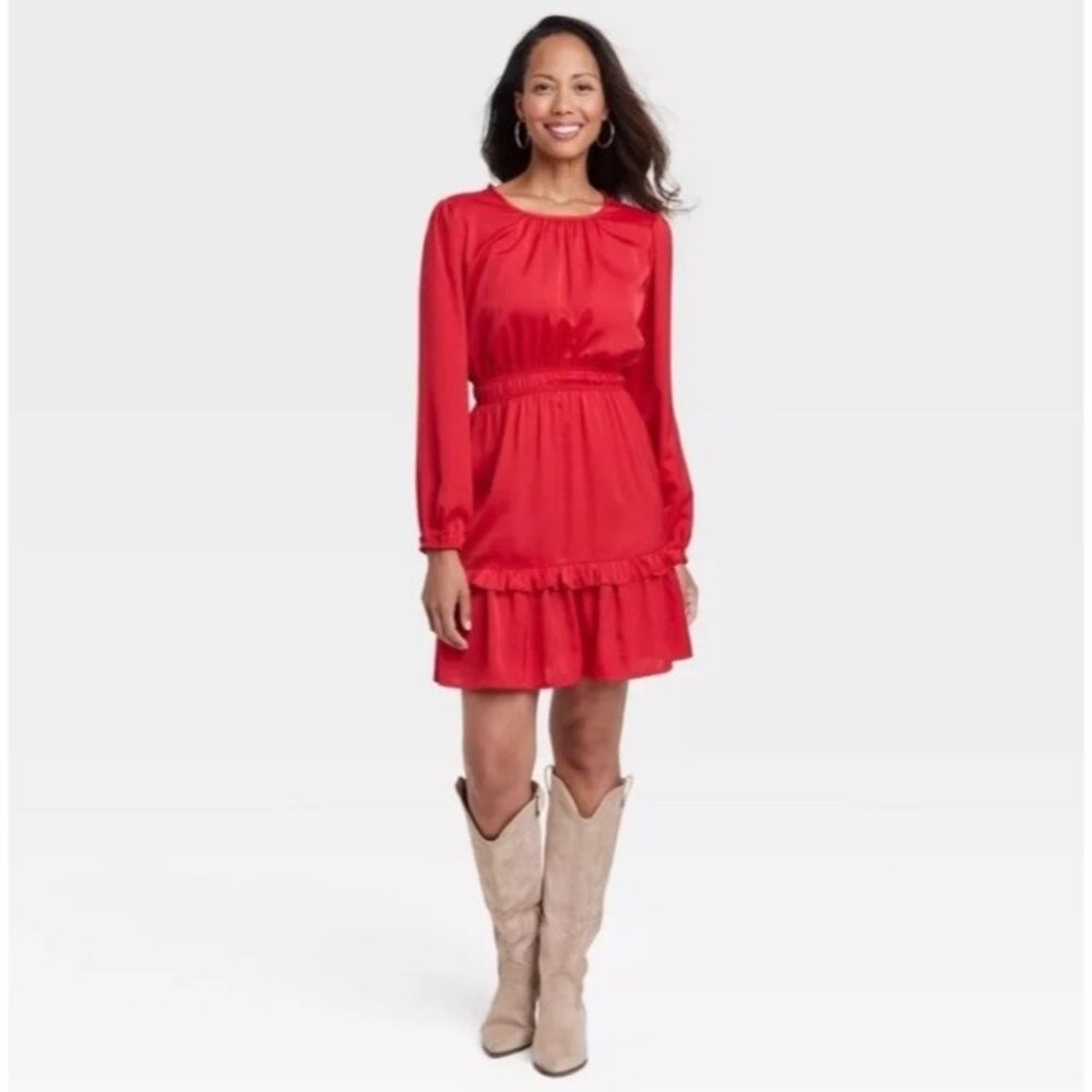 Knox Rose Womens L Long Sleeve Ruffled Mini Satin Dress Red Keyhole-Neck NWT